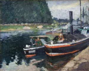 Barges on Pontoise by Camille Pissarro - Hand-Painted Oil Painting Reproduction