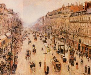 main product photo of Boulevard Montmartre: Morning, Grey Weather painting by Camille Pissarro