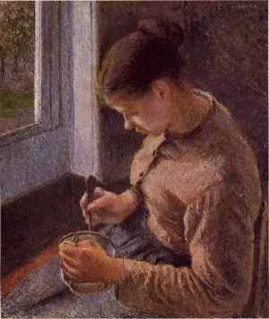 Breakfast, Young Peasant Woman Taking Her Coffee by Camille Pissarro - Hand-Painted Oil Painting Reproduction