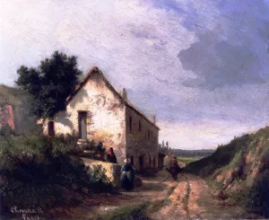 House by a Country Road with Figures by Camille Pissarro - Hand-Painted Oil Painting Reproduction
