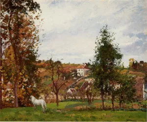Landscape with a White Horse in a Meadow, L'Hermitage by Camille Pissarro - Hand-Painted Oil Painting Reproduction