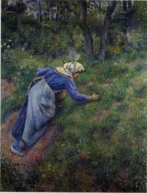 Peasant Gathering Grass by Camille Pissarro - Hand-Painted Oil Painting Reproduction