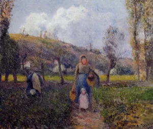Peasant Woman and Child Harvesting the Fields, Pontoise by Camille Pissarro - Hand-Painted Oil Painting Reproduction