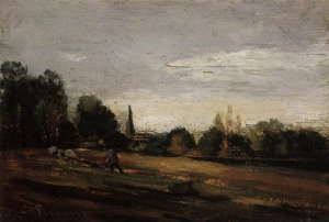 main product photo of Peasant Working in the Fields painting by Camille Pissarro