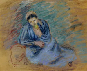 Seated Peasant Woman Crunching an Apple by Camille Pissarro - Hand-Painted Oil Painting Reproduction