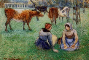 Seated Peasants Watching Cows by Camille Pissarro Art