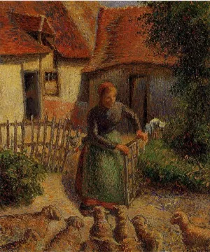 Shepherdess Bringing in the Sheep by Camille Pissarro - Hand-Painted Oil Painting Reproduction
