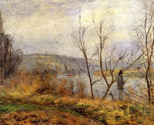 The Banks of the Oise, Pontoise also known as Man Fishing by Camille Pissarro - Hand-Painted Oil Painting Reproduction