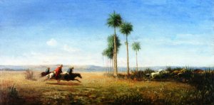 main product photo of Three Riders and Horses Galloping on a Plain Venezuela painting by Camille Pissarro