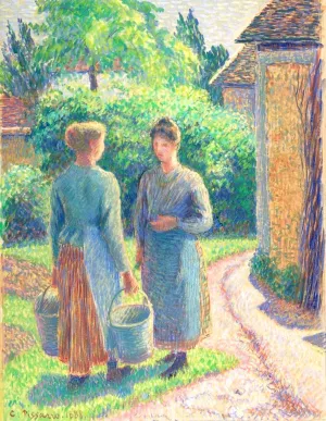 Two Women in a Garden by Camille Pissarro - Hand-Painted Oil Painting Reproduction