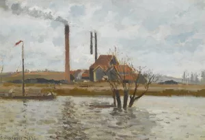 Usine a Saint-Ouen-L'aumone, La Crue De L'oise by Camille Pissarro - Hand-Painted Oil Painting Reproduction