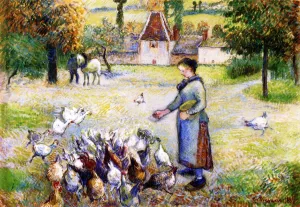 Woman Distributing Grain to the Chickens, Farm in Bazincourt by Camille Pissarro Art