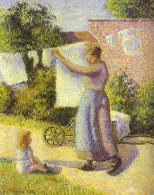 Woman Hanging Laundry by Camille Pissarro - Hand-Painted Oil Painting Reproduction